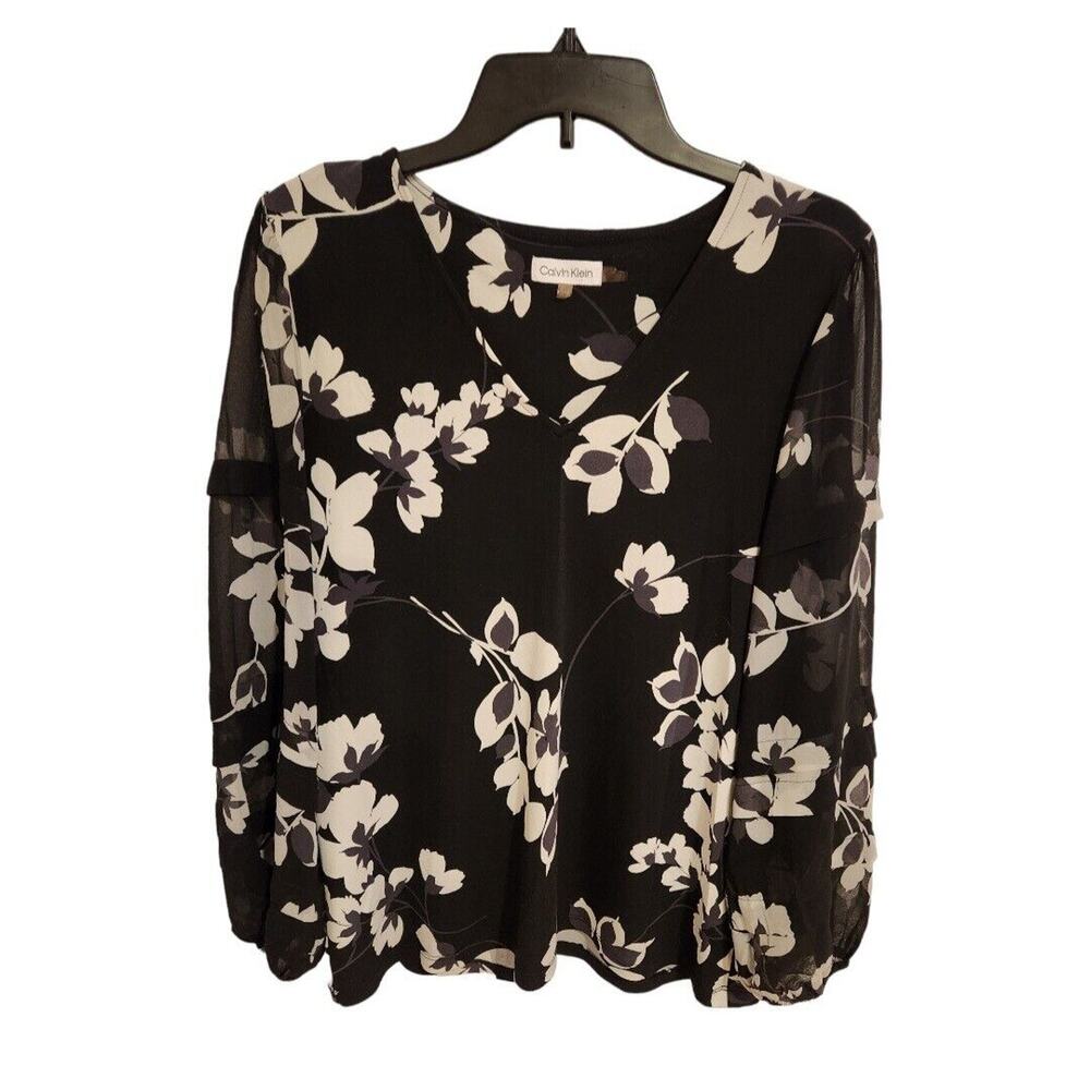 Calvin Klein Blouse Romantic Sheer Sleeve Dressy Floral V Neck Size Medium